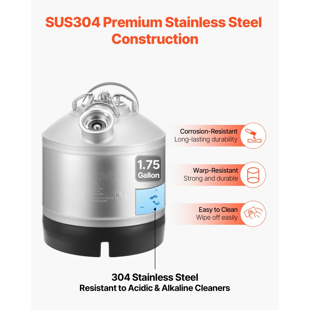 VEVOR Cleaning Keg, 1.75 Gallon/6.5L Keg Line Cleaning Kit with D Coupler Connection & Rubber Base, Beer Lines Cleaner