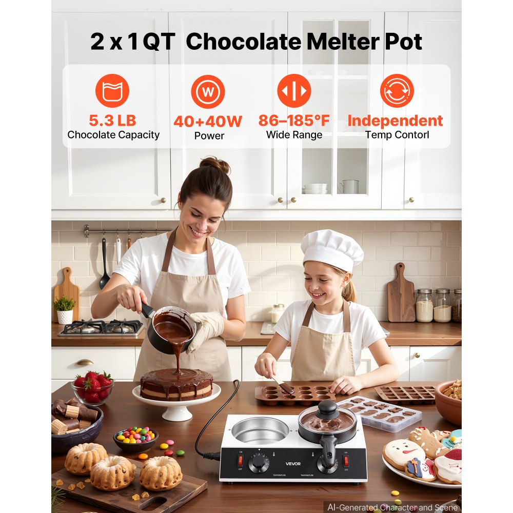 VEVOR Chocolate Melting Pot - 2 x 1 QT Pots, 86℉ - 185℉ Choc Warm Machine, 80W Even Cheese Melter, 2 Knobs Temp