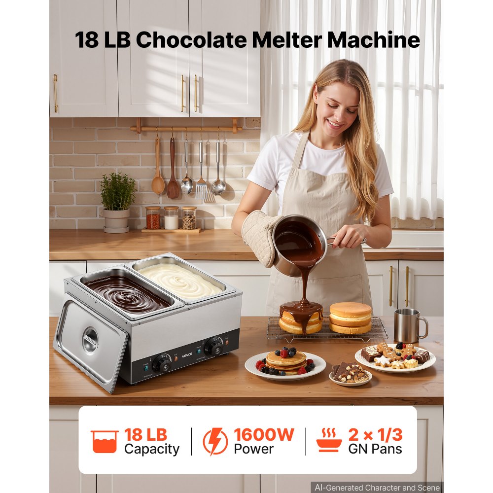 VEVOR 2-Temp Knob Chocolate Melting Machine, 2 Tanks 17.6 Lbs Choc Melter, 1600W Power, Independent Temp Control, Water
