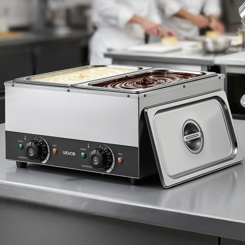VEVOR 2-Temp Knob Chocolate Melting Machine, 2 Tanks 17.6 Lbs Choc Melter, 1600W Power, Independent Temp Control, Water
