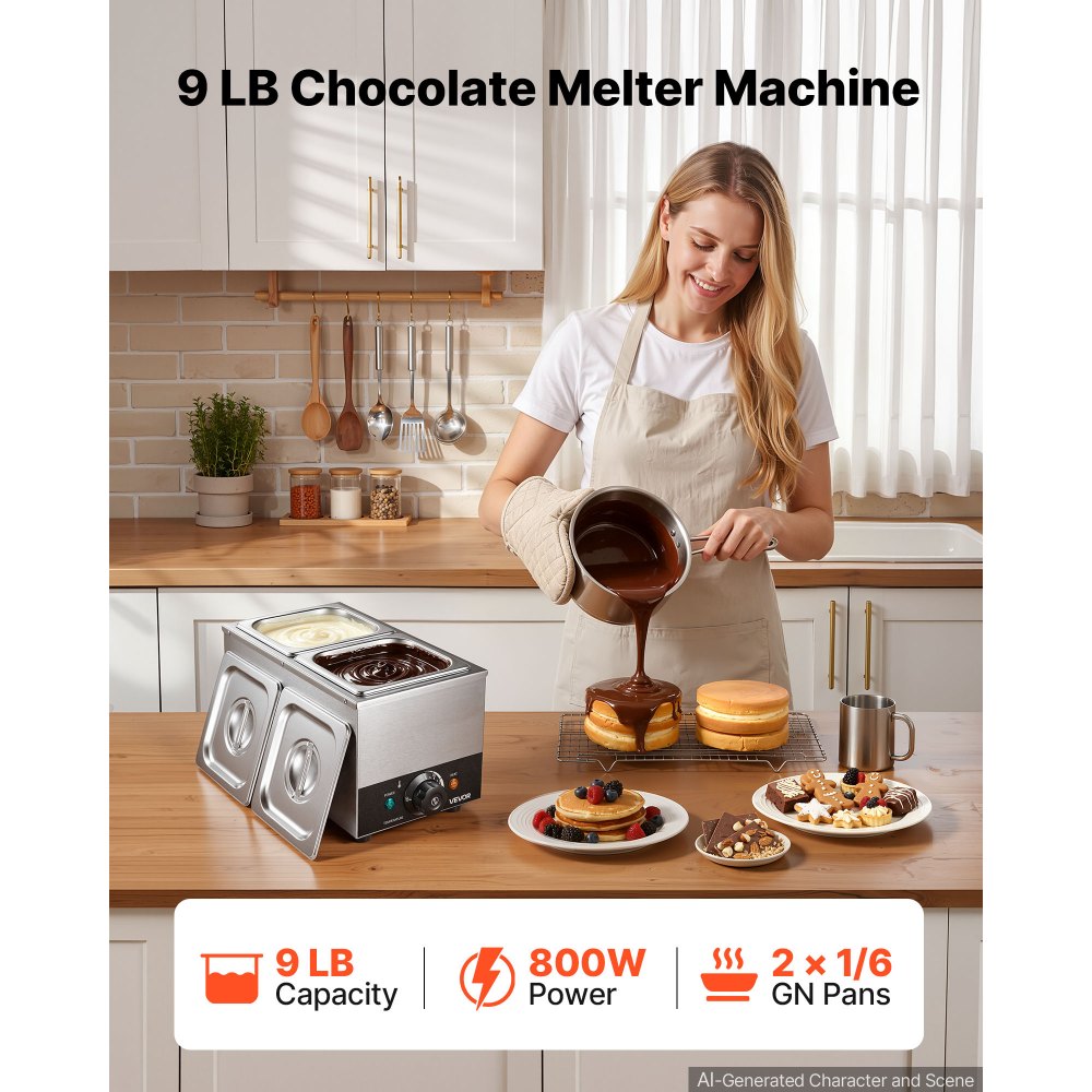 VEVOR Chocolate Melting Machine, 2 Tanks 9 Lbs Choc Commercial Melter, 800W High Power, Water Bath Heating System