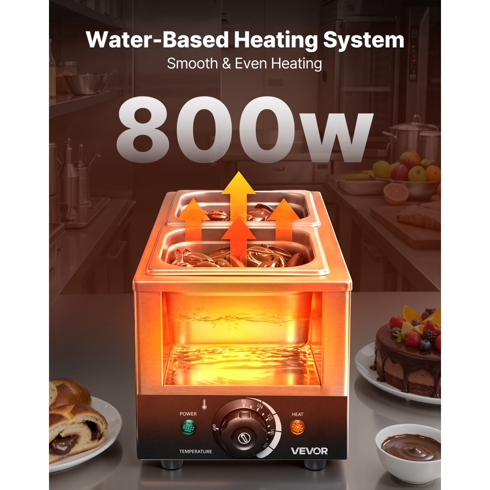 VEVOR Chocolate Melting Machine, 2 Tanks 9 Lbs Choc Commercial Melter, 800W High Power, Water Bath Heating System