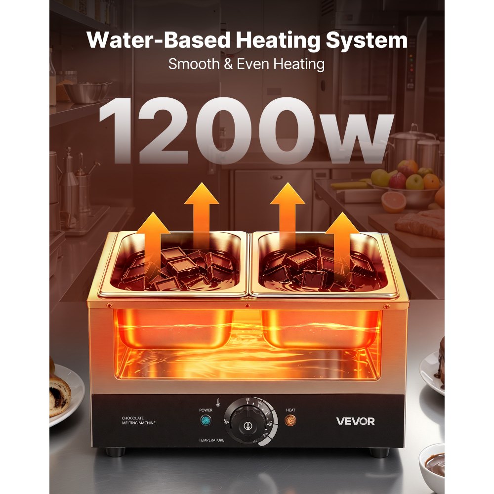 VEVOR Chocolate Melting Machine, 2 Tanks 17.6 Lbs Choc Commercial Melter, 1200W High Power, Water Bath Heating System