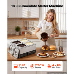 VEVOR Chocolate Melting Machine, 4 Tanks 17.6 Lbs Choc Commercial Melter, 1200W High Power, Water Bath Heating System