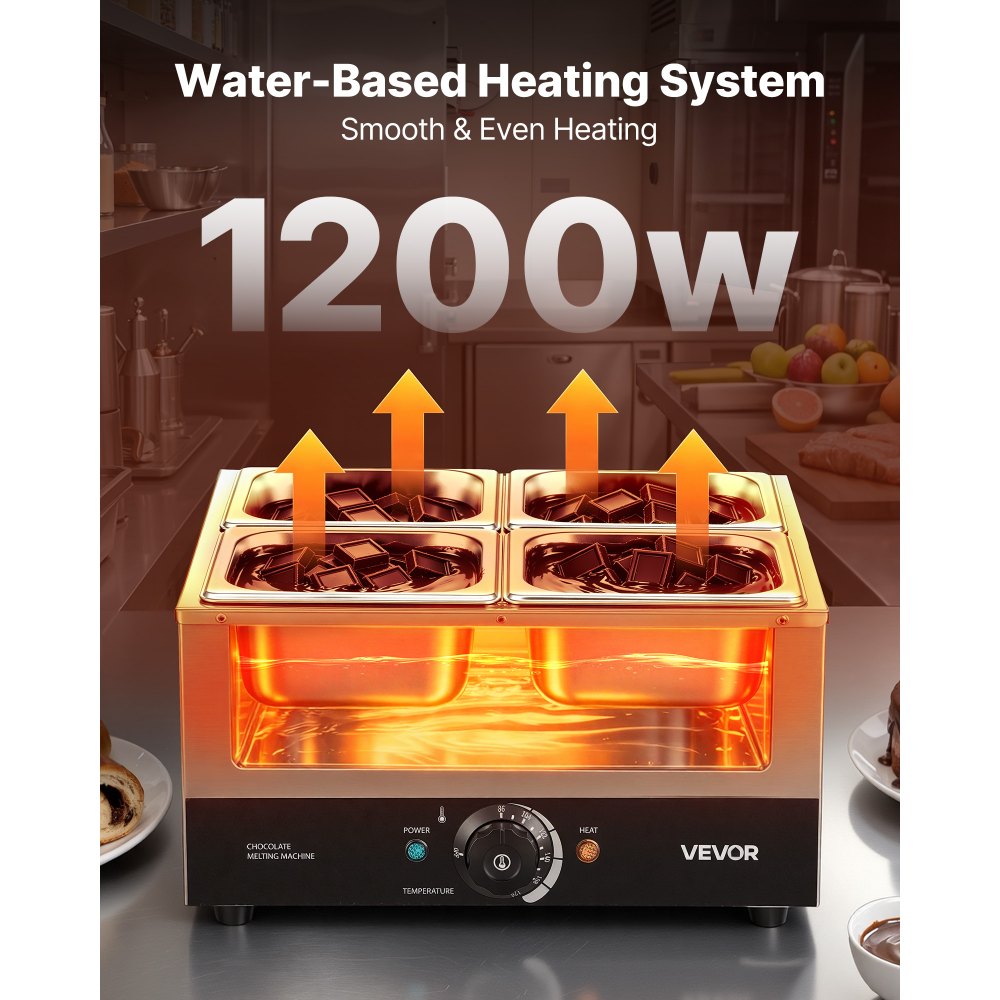 VEVOR Chocolate Melting Machine, 4 Tanks 17.6 Lbs Choc Commercial Melter, 1200W High Power, Water Bath Heating System