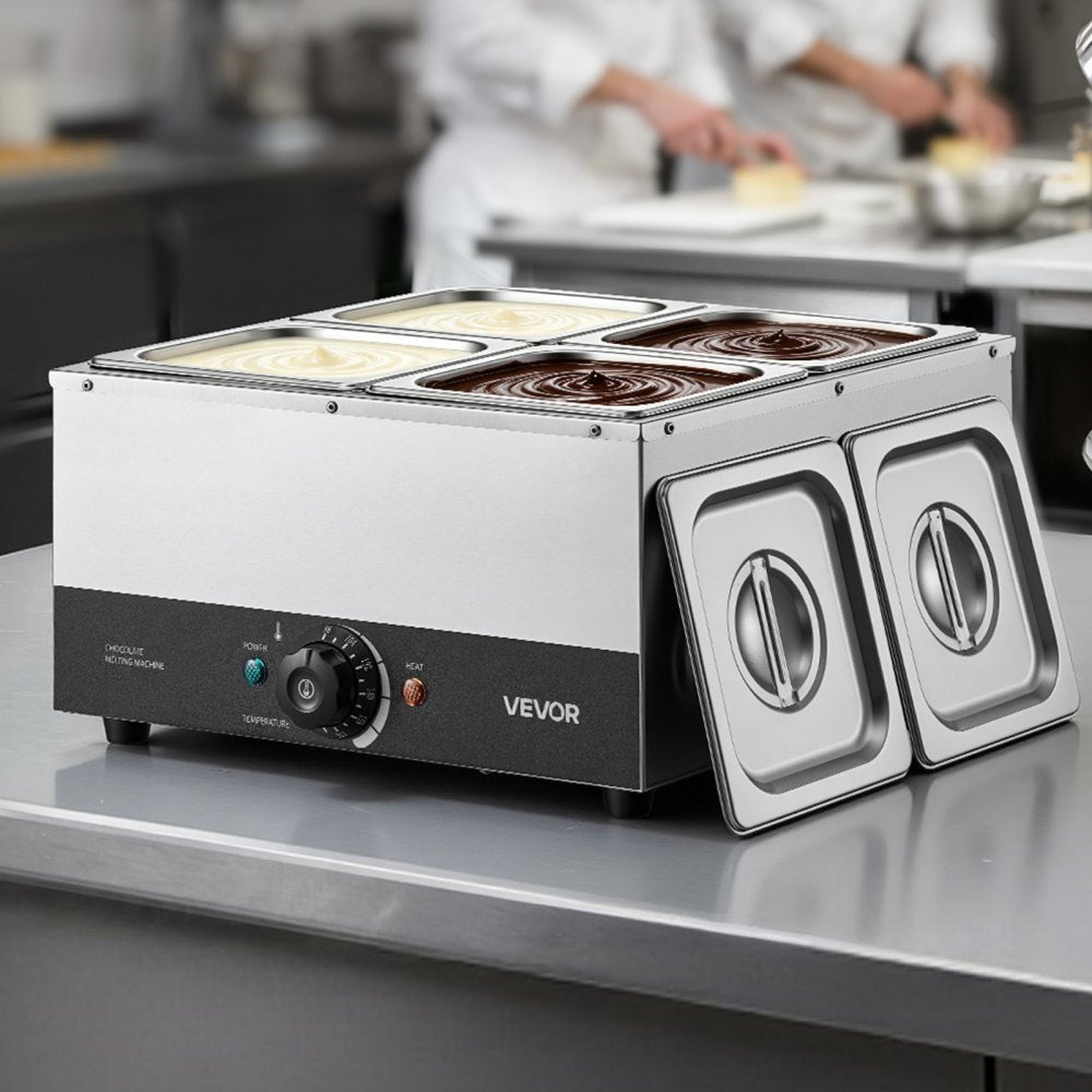 VEVOR Chocolate Melting Machine, 4 Tanks 17.6 Lbs Choc Commercial Melter, 1200W High Power, Water Bath Heating System
