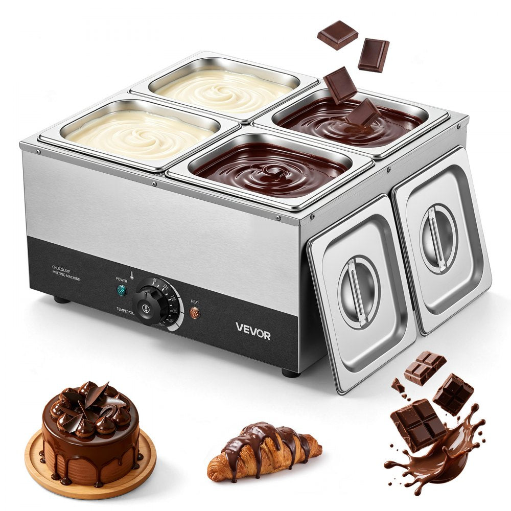VEVOR Chocolate Melting Machine, 4 Tanks 17.6 Lbs Choc Commercial Melter, 1200W High Power, Water Bath Heating System
