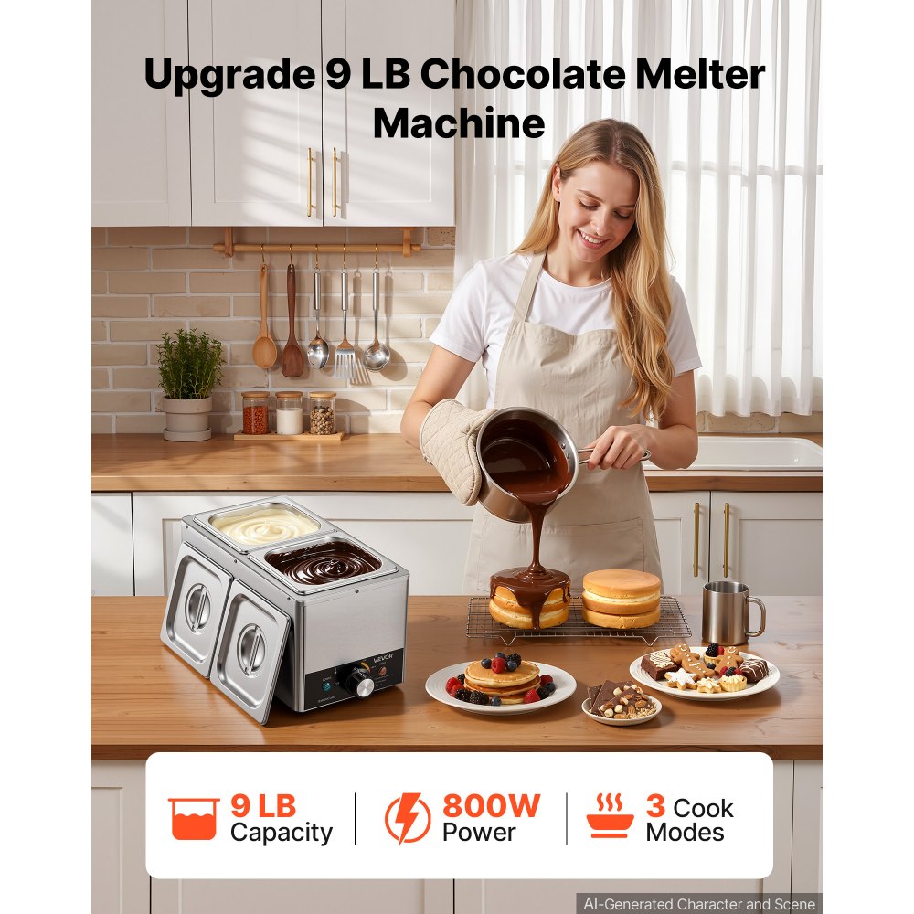 VEVOR Chocolate Melting Machine, 3 Cook Modes, 2 Tanks 9 Lbs Choc Melter, 86℉ - 230℉, 3 Cook Modes, 800W Power, Water