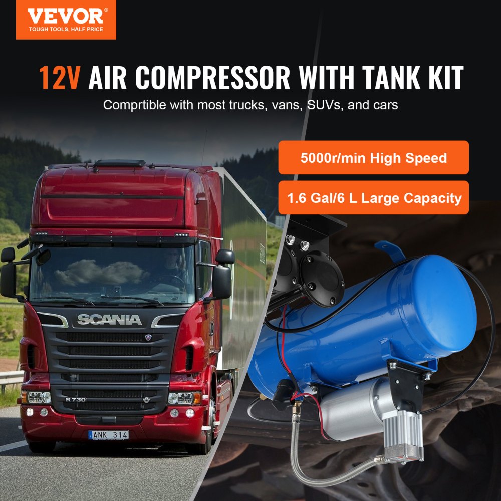 VEVOR 12V Air Compressor with Tank 1.6 Gallon/6 L, Train Horn Air Compressor, 120 psi Working Pressure Onboard Air