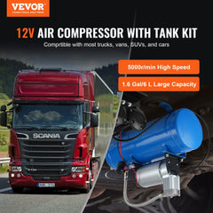 VEVOR 12V Air Compressor with Tank 1.6 Gallon/6 L, Train Horn Air Compressor, 120 psi Working Pressure Onboard Air