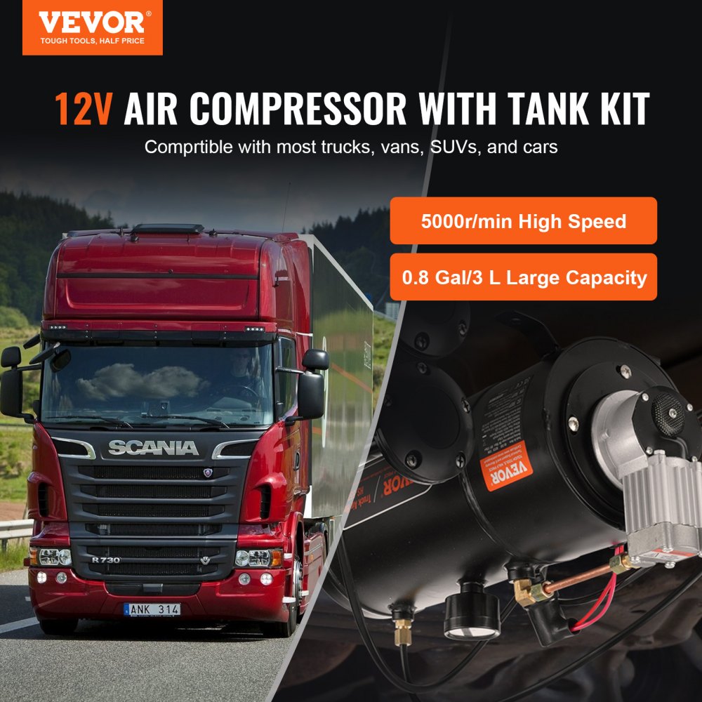 VEVOR 12V Air Compressor with Tank 0.8 Gallon/3 L, Train Horn Air Compressor, 120 psi Working Pressure Onboard Air