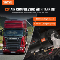 VEVOR 12V Air Compressor with Tank 0.8 Gallon/3 L, Train Horn Air Compressor, 120 psi Working Pressure Onboard Air