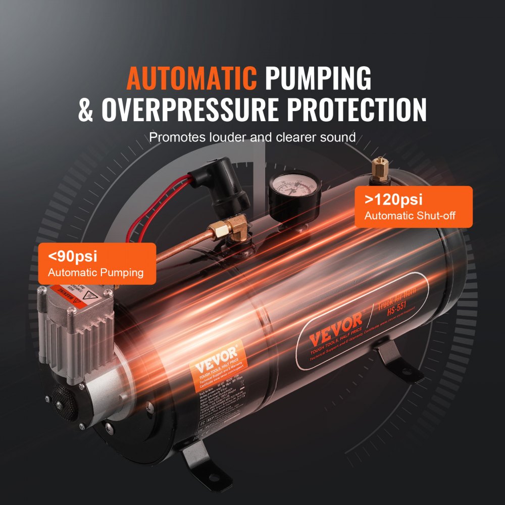 VEVOR 12V Air Compressor with Tank 0.8 Gallon/3 L, Train Horn Air Compressor, 120 psi Working Pressure Onboard Air