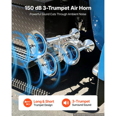 VEVOR 3-Trumpet Air Horn 150dB Super Loud Train Horn for Trucks SUVs, Fits 12V/24V Vehicles & Boats, Powerful Sound