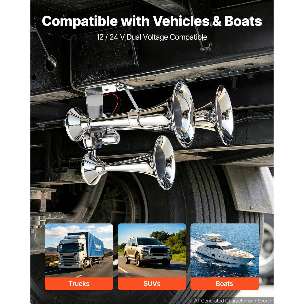 VEVOR 3-Trumpet Air Horn 150dB Super Loud Train Horn for Trucks SUVs, Fits 12V/24V Vehicles & Boats, Powerful Sound