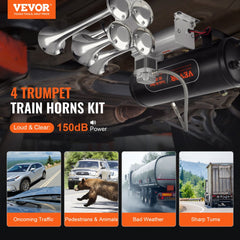 VEVOR Train Horns Kit, 4 Trumpet Air Horn Kit, 150dB Train Horns for Pickup Trucks, 12V 160 psi Air Compressor 2.6