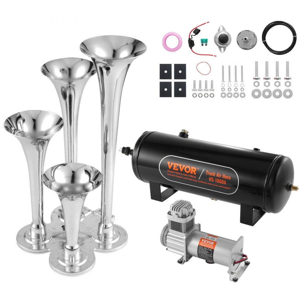 VEVOR Train Horns Kit, 4 Trumpet Air Horn Kit, 150dB Train Horns for Pickup Trucks, 12V 160 psi Air Compressor 2.6