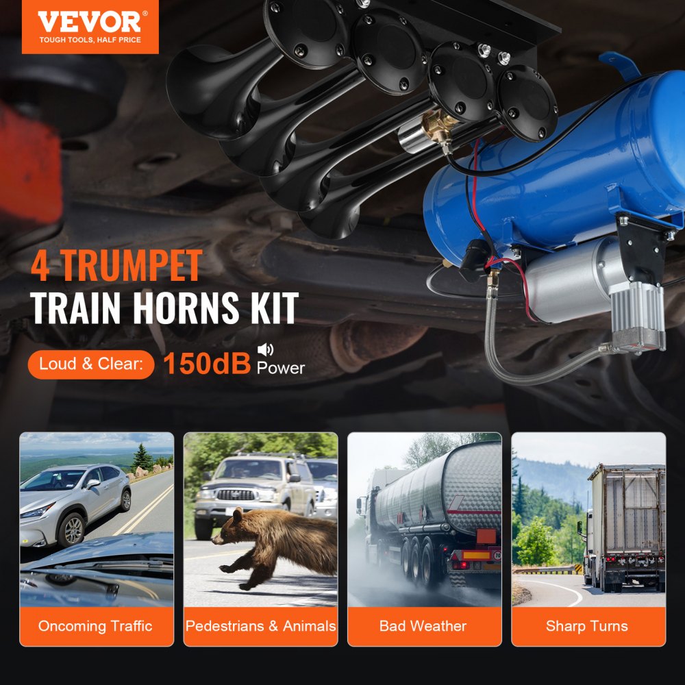 VEVOR Train Horns Kit, 4 Trumpet Air Horn Kit, 150dB Train Horns for Pickup Trucks, 12V 120 psi Air Compressor 1.6