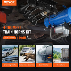 VEVOR Train Horns Kit, 4 Trumpet Air Horn Kit, 150dB Train Horns for Pickup Trucks, 12V 120 psi Air Compressor 1.6