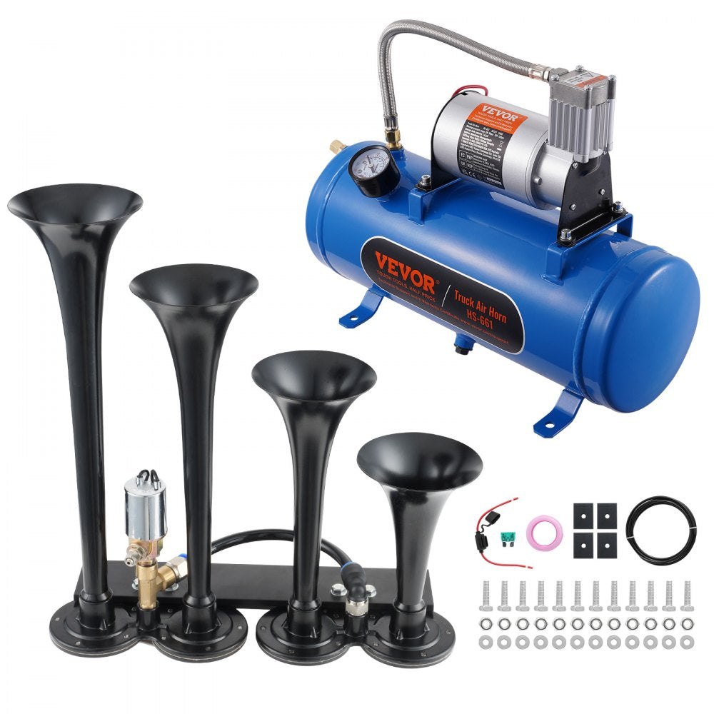 VEVOR Train Horns Kit, 4 Trumpet Air Horn Kit, 150dB Train Horns for Pickup Trucks, 12V 120 psi Air Compressor 1.6