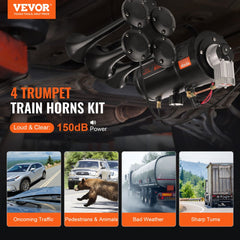 VEVOR Train Horns Kit, 4 Trumpet Air Horn Kit, 150dB Train Horns for Pickup Trucks, 12V 120 psi Air Compressor 0.8