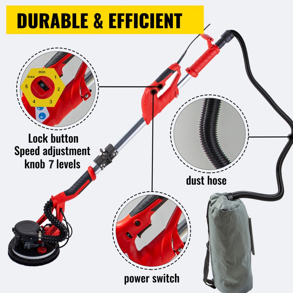 VEVOR Drywall Sander 850W, Electric Drywall Sander, Variable Speed 800-1750 RPM, Foldable Sheetrock Sander, with