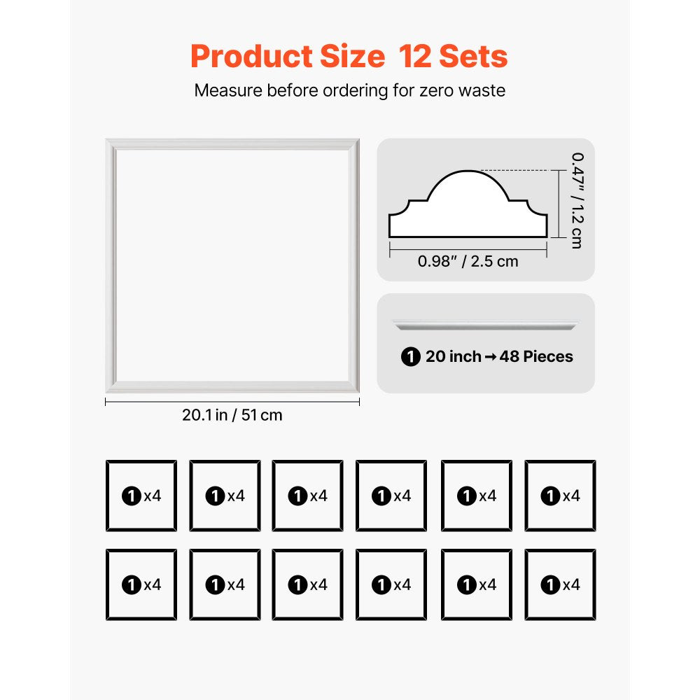 VEVOR Wall Molding 12 Pack, 20 x 20 in Wainscoting Panels Kit, Lightweight Paintable Polystyrene, Easy to Install