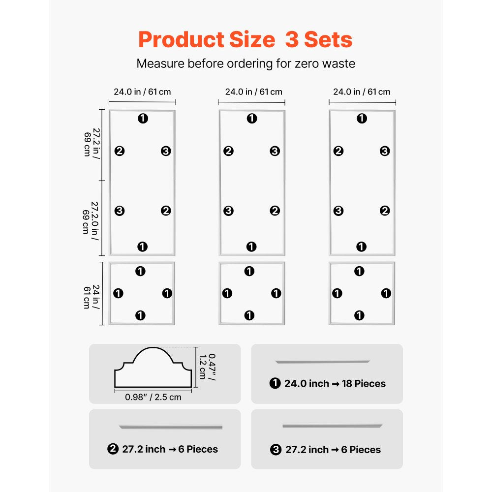VEVOR Wall Molding 3 Pack, Wainscoting Panels Kit, Lightweight Paintable Polystyrene, Easy to Install, Waterproof