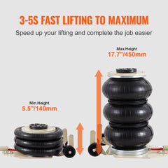 VEVOR Air Jack, 3T / 6600 lbs Triple Bag Air Jack, Airbag Jack with Six Steel Pipes, Lift up to 17.7 inch/450 mm, 3-5 s