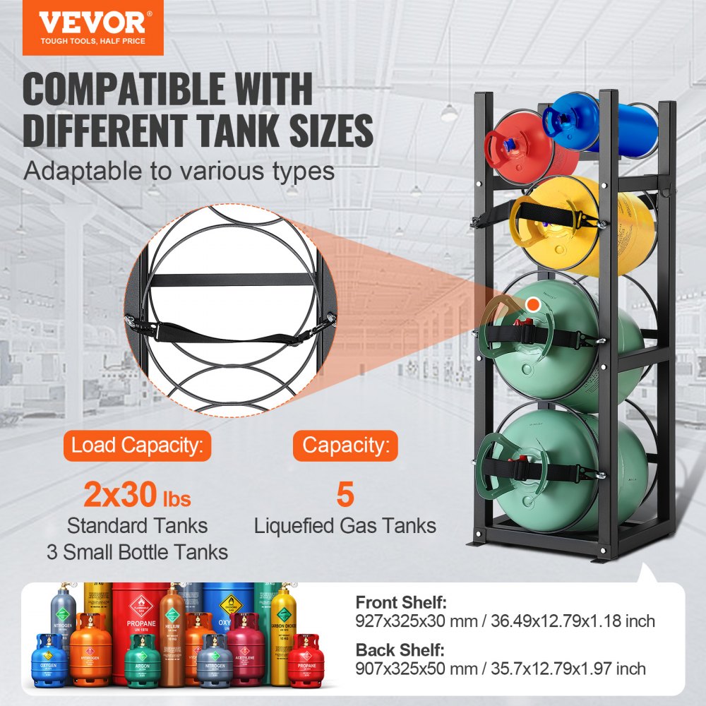 VEVOR Refrigerant Tank Rack, with 2 x 30lbs and Other 3 Small Bottle Tanks, Cylinder Tank Rack 12.79x12.99x47.12 in