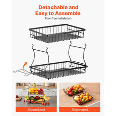 VEVOR 2 Tier Fruit Basket, Countertop Fruits Vegetable Bowl with Banana Hangers, Metal Wire Storage Stand for Kitchen