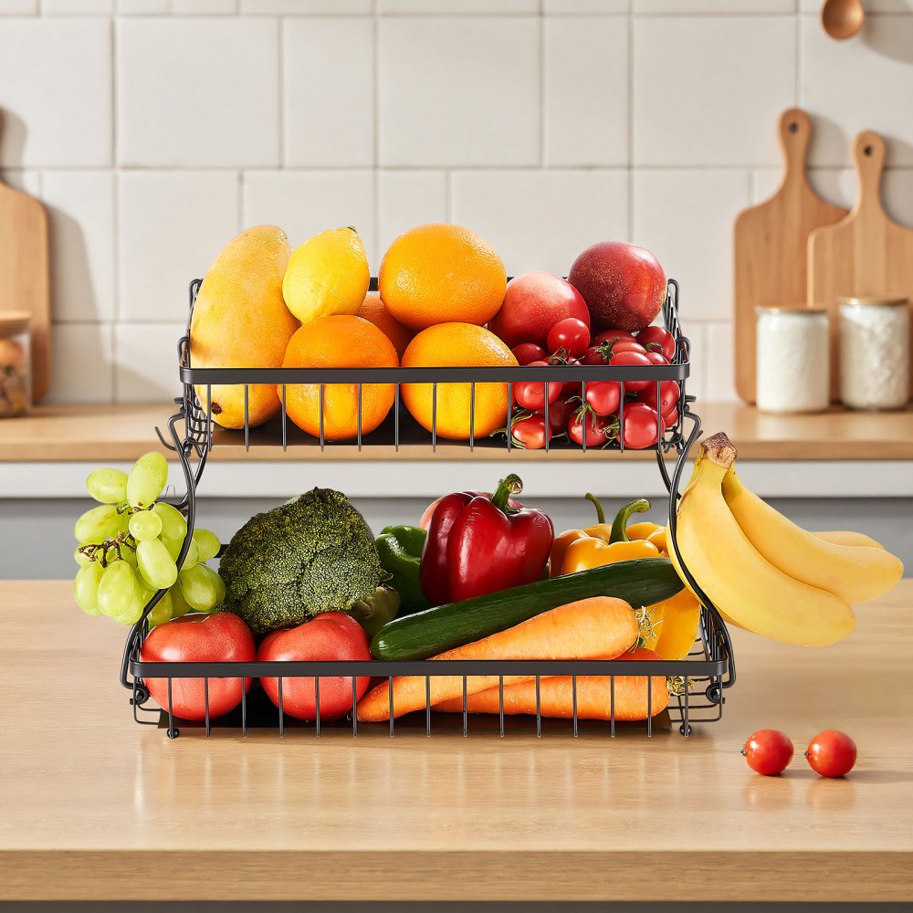 VEVOR 2 Tier Fruit Basket, Countertop Fruits Vegetable Bowl with Banana Hangers, Metal Wire Storage Stand for Kitchen