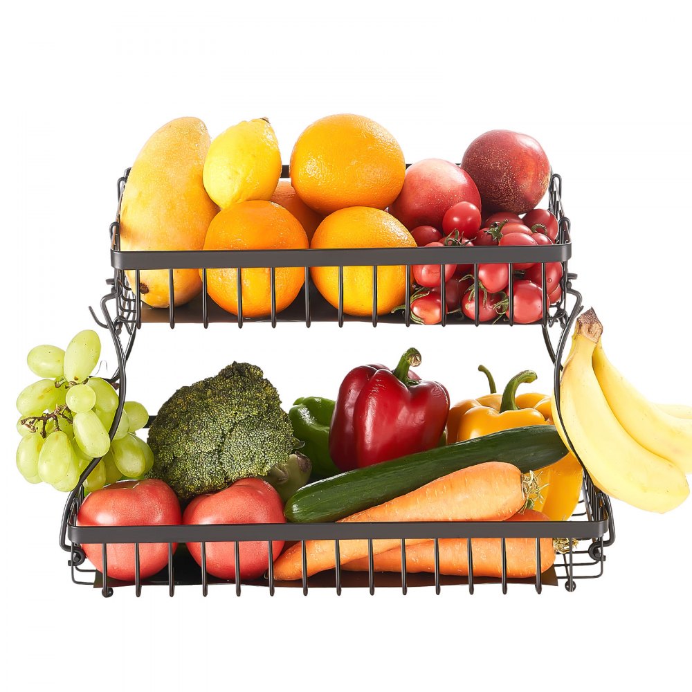 VEVOR 2 Tier Fruit Basket, Countertop Fruits Vegetable Bowl with Banana Hangers, Metal Wire Storage Stand for Kitchen
