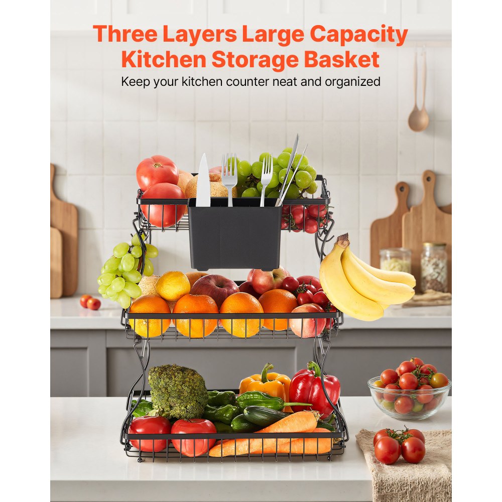 VEVOR 3 Tier Fruit Basket, Countertop Fruits Vegetable Bowl with Banana Hangers and Side Storage Basket, Metal Wire