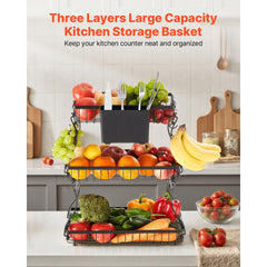 VEVOR 3 Tier Fruit Basket, Countertop Fruits Vegetable Bowl with Banana Hangers and Side Storage Basket, Metal Wire