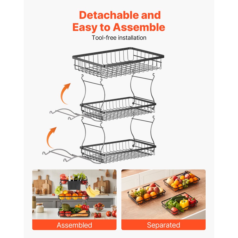 VEVOR 3 Tier Fruit Basket, Countertop Fruits Vegetable Bowl with Banana Hangers and Side Storage Basket, Metal Wire