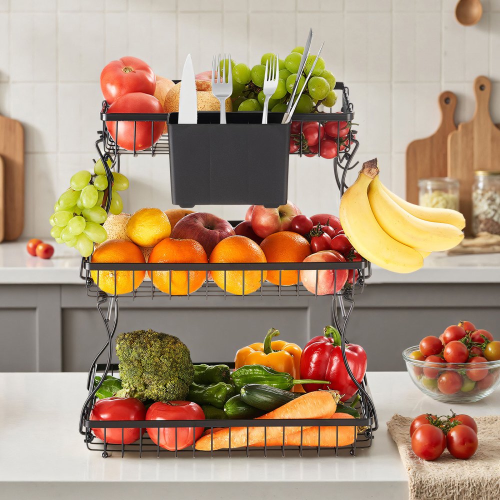VEVOR 3 Tier Fruit Basket, Countertop Fruits Vegetable Bowl with Banana Hangers and Side Storage Basket, Metal Wire