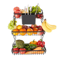 VEVOR 3 Tier Fruit Basket, Countertop Fruits Vegetable Bowl with Banana Hangers and Side Storage Basket, Metal Wire