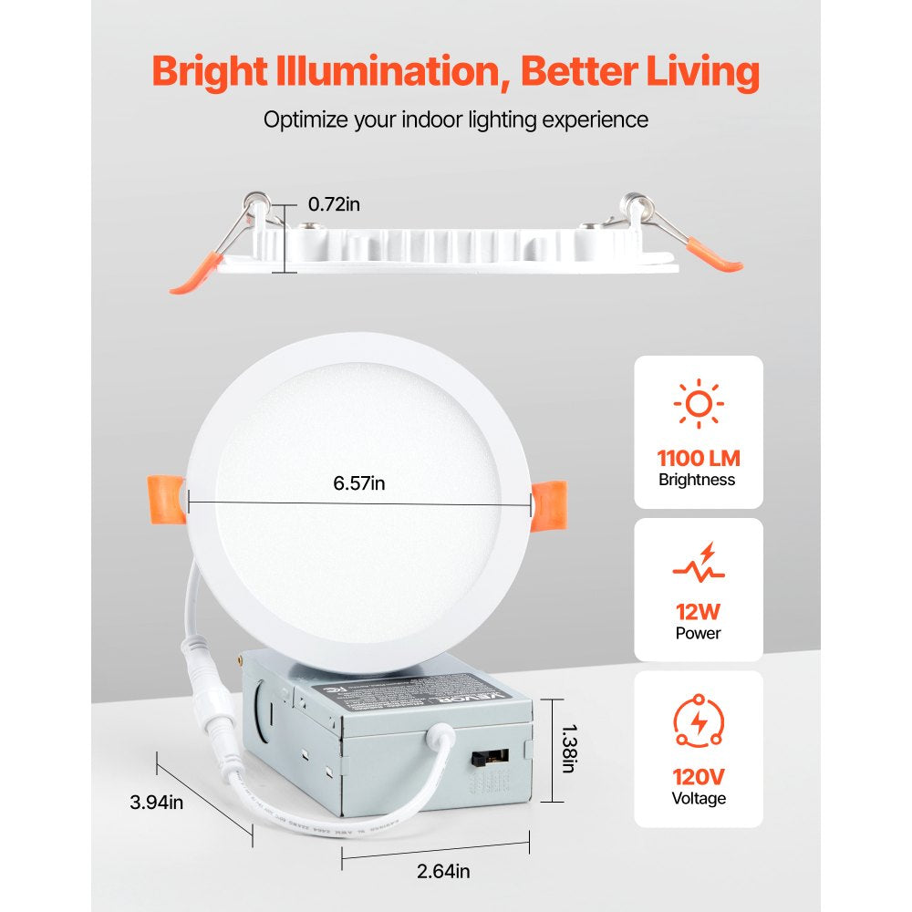 VEVOR 12 Pack 6 Inch LED Recessed Ceiling Light, 5CCT, Canless Wafer Downlight with Junction Box