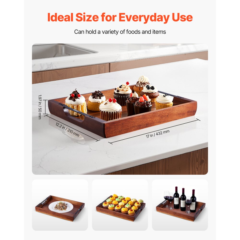 VEVOR Wood Serving Tray, Acacia Wooden Tray Board with Handles, Decorative Rustic Serving Trays Platter, Ideal for