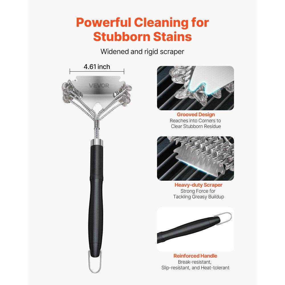 VEVOR Grill Brush and Scraper, BBQ Brush for Outdoor Grills, Stainless Steel Woven Wire, Bristle Free Barbecue Brushes