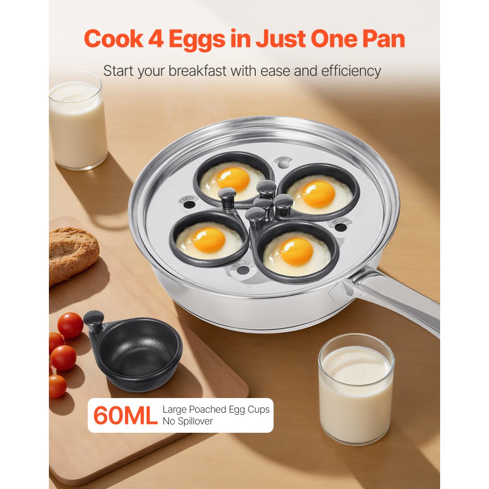 VEVOR Egg Poacher Pan, 4-Cup Poached Egg Maker, Stainless Steel Poaching Pan and Frying Skillet, with 4 Nonsitck