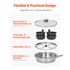 VEVOR Egg Poacher Pan, 4-Cup Poached Egg Maker, Stainless Steel Poaching Pan and Frying Skillet, with 4 Nonsitck
