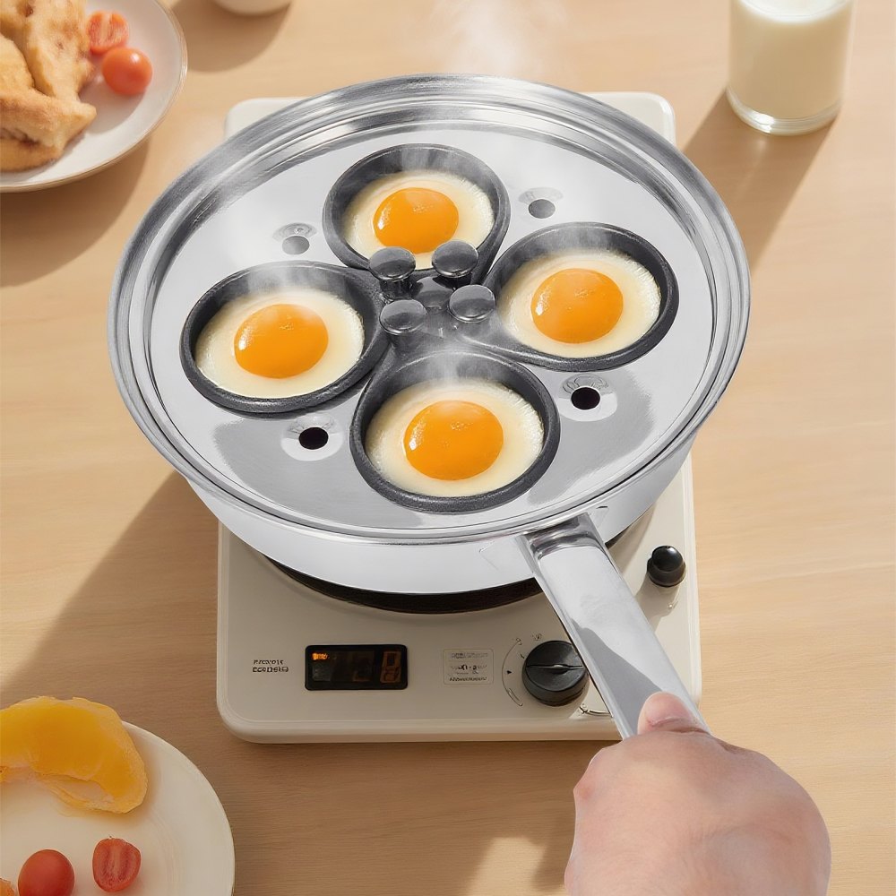 VEVOR Egg Poacher Pan, 4-Cup Poached Egg Maker, Stainless Steel Poaching Pan and Frying Skillet, with 4 Nonsitck