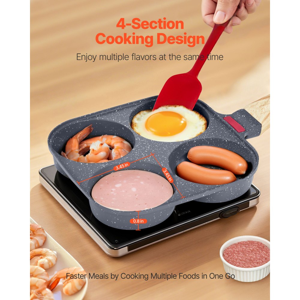 VEVOR Egg Pan, 4-Cup Nonstick Egg Frying Pan, Aluminum Breakfast Omelette Skillet for Pancakes, Hamburgers, Sandwiches