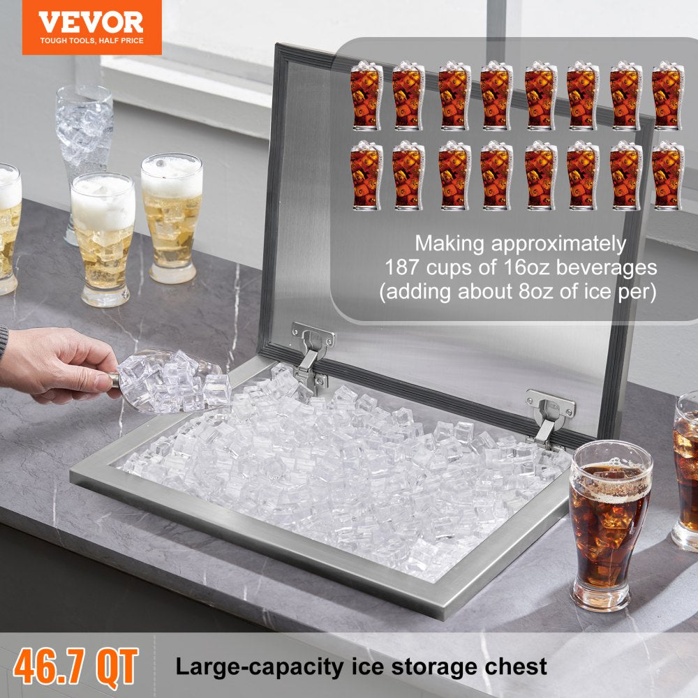 VEVOR Drop in Ice Chest, 20"L x 16"W x 13"H Stainless Steel Ice Cooler, Commercial Ice Bin with Hinged Cover, 40 qt