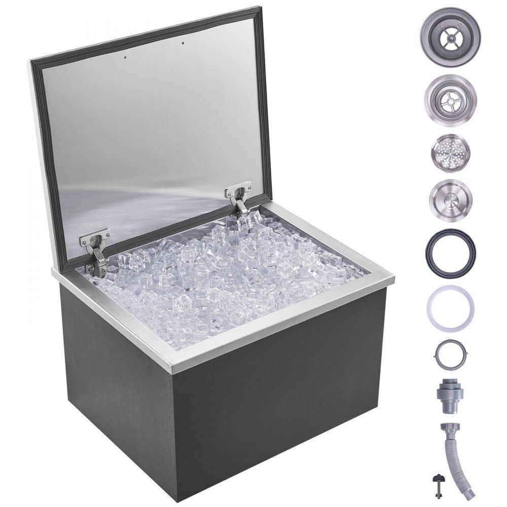 VEVOR Drop in Ice Chest, 20"L x 16"W x 13"H Stainless Steel Ice Cooler, Commercial Ice Bin with Hinged Cover, 40 qt