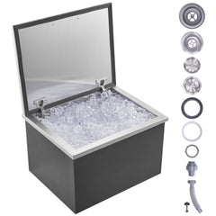 VEVOR Drop in Ice Chest, 20"L x 16"W x 13"H Stainless Steel Ice Cooler, Commercial Ice Bin with Hinged Cover, 40 qt