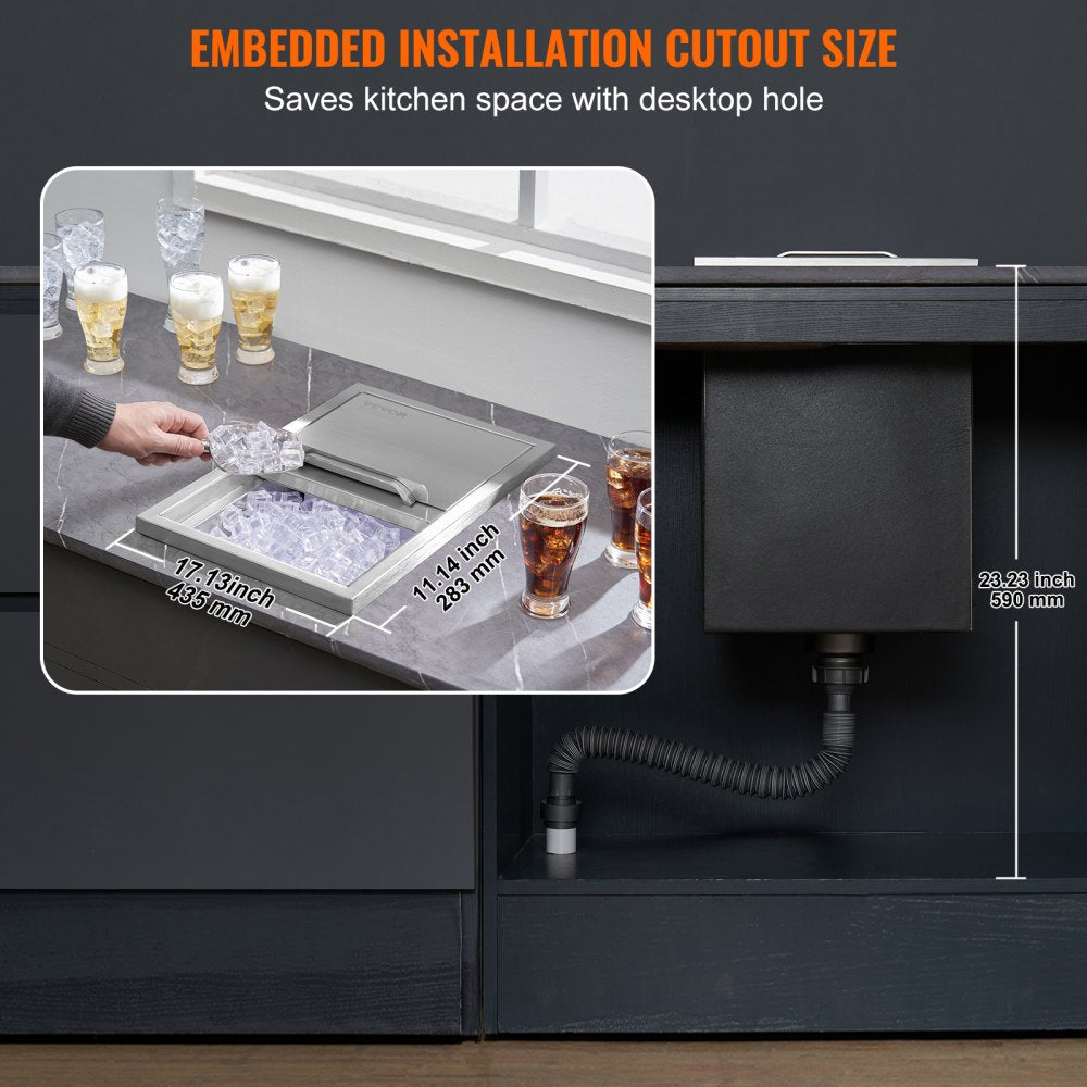 VEVOR Drop in Ice Chest, 18"L x 12"W x 14.5"H Stainless Steel Ice Cooler, Commercial Ice Bin with Sliding Cover, 40.9