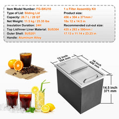 VEVOR Drop in Ice Chest, 18"L x 12"W x 14.5"H Stainless Steel Ice Cooler, Commercial Ice Bin with Sliding Cover, 40.9